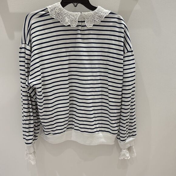 J. Crew French terry sweatshirt with lace trim Nautical Blue White Size Large - Picture 7 of 7